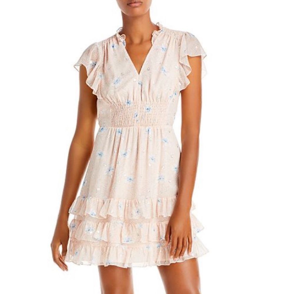 NWT Rebecca Taylor Silk Ruffle V Neck Mini Dress Pastel Pink Floral size S